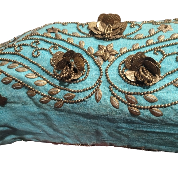 Moyna Beaded Textile Purse Handbag, Teal, Gold Beads - Picture 5 of 12